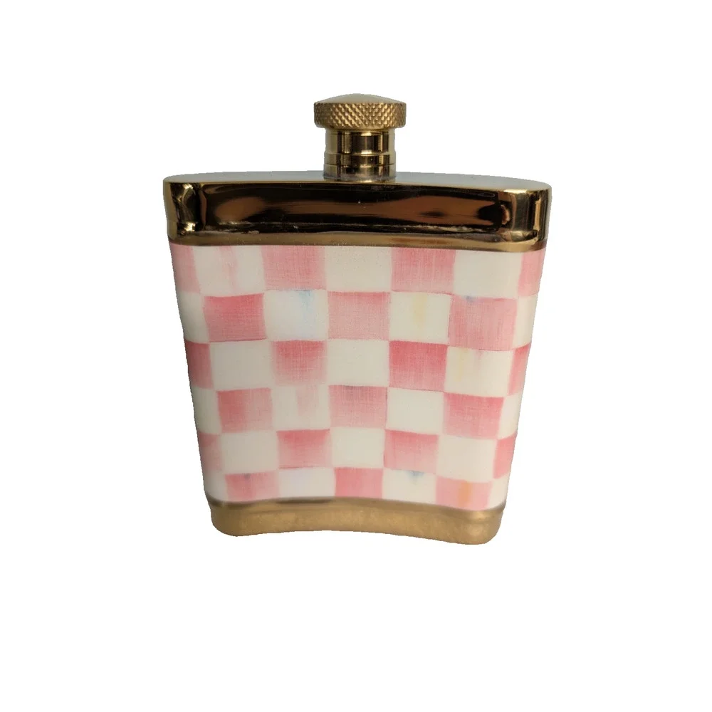 MACKENZIE-CHILDS Rosy Check 3260 Pocket Flask w/ Funnel in Box 6 oz New w Flaws